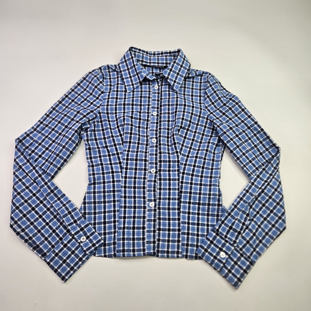 ZARA Women's Small Plaid Button Down Shirt Blue White Check Stretch Long Sleeve